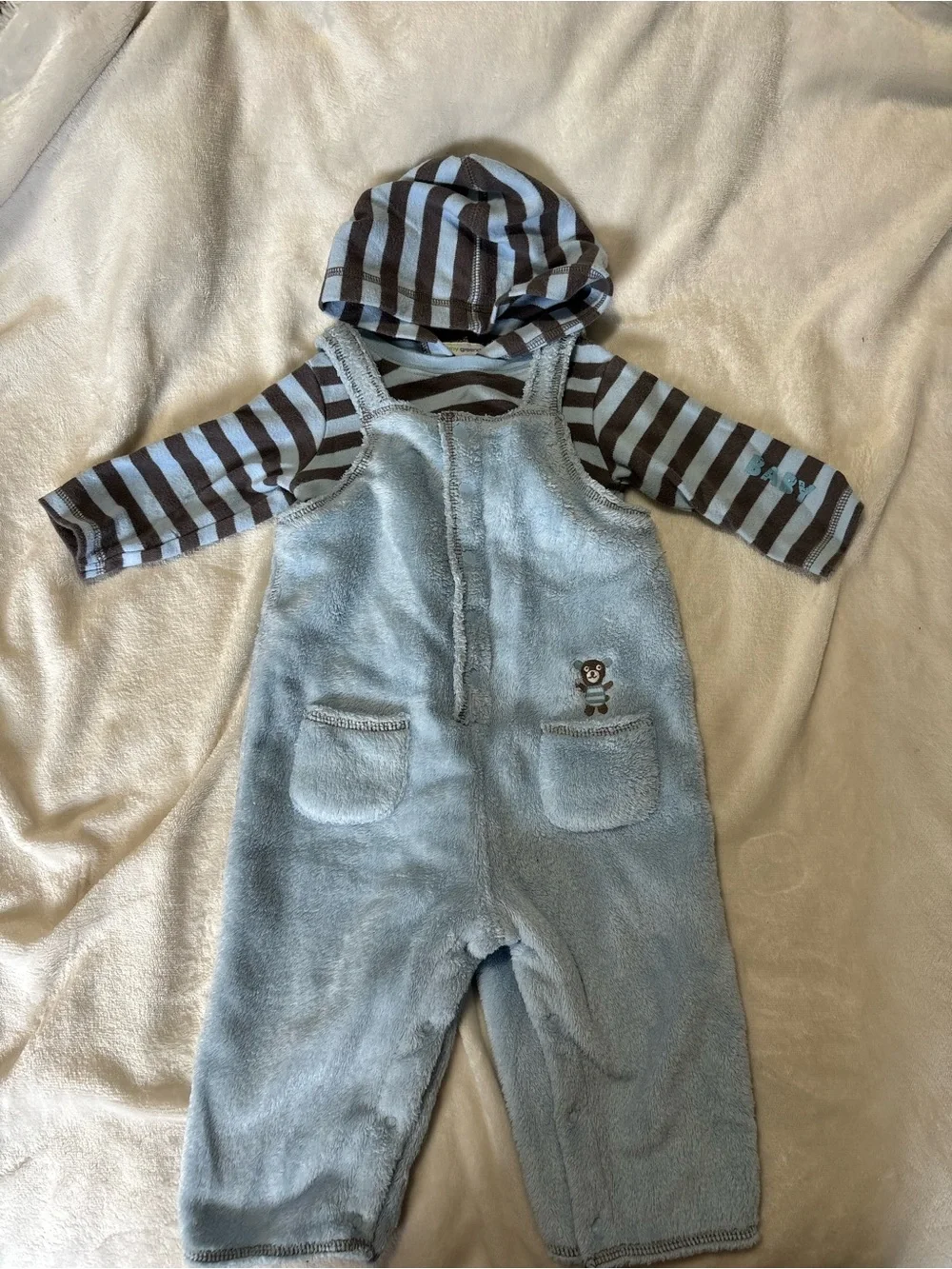 Vintage Y2K greendog Blue Plush Overalls with Brown & Blue Striped Hoodie 6-9 mo